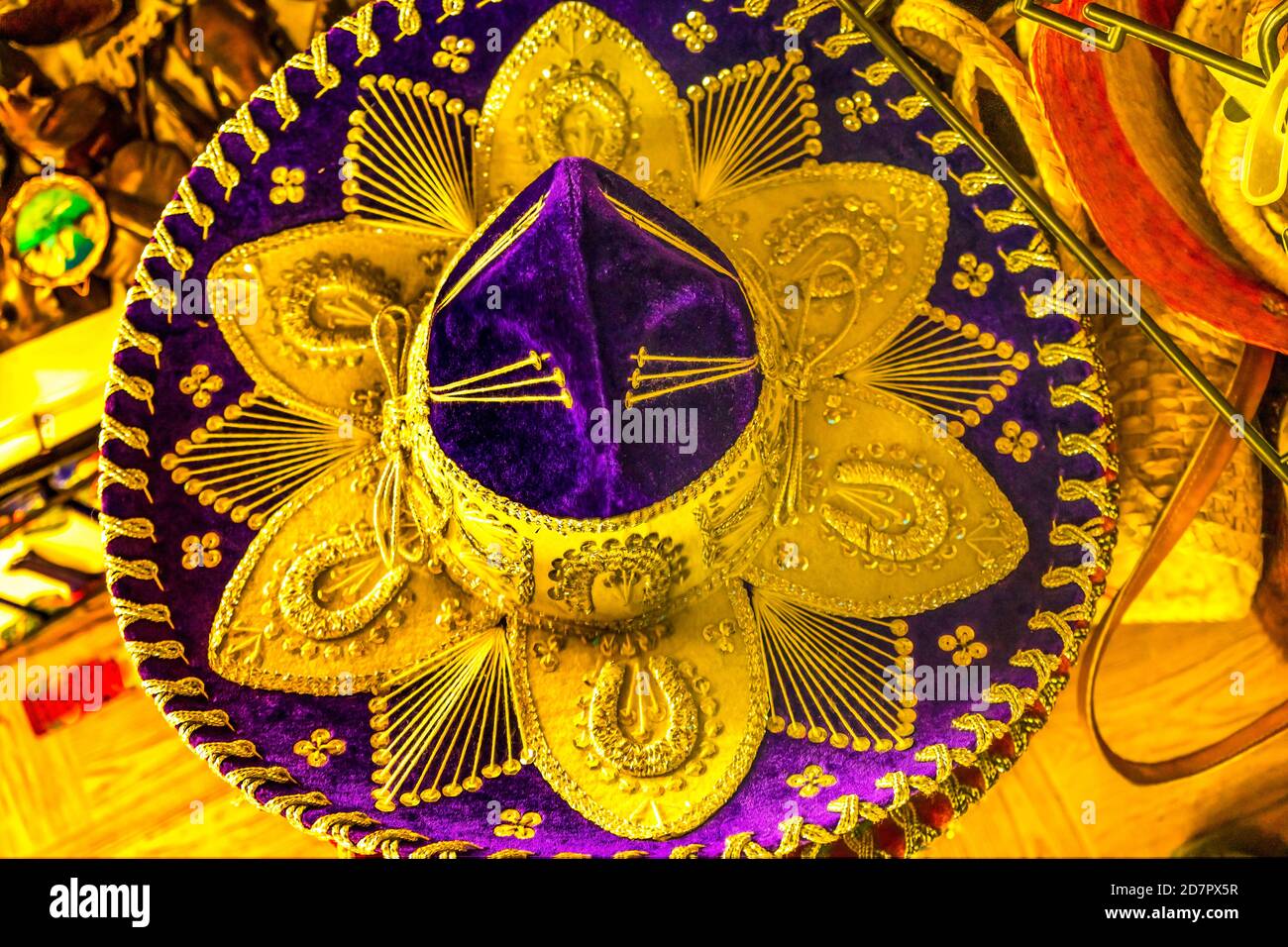 Colorful Mexican Purple Gold Sombrero Hat Handicraft Los Cabos Cabo San