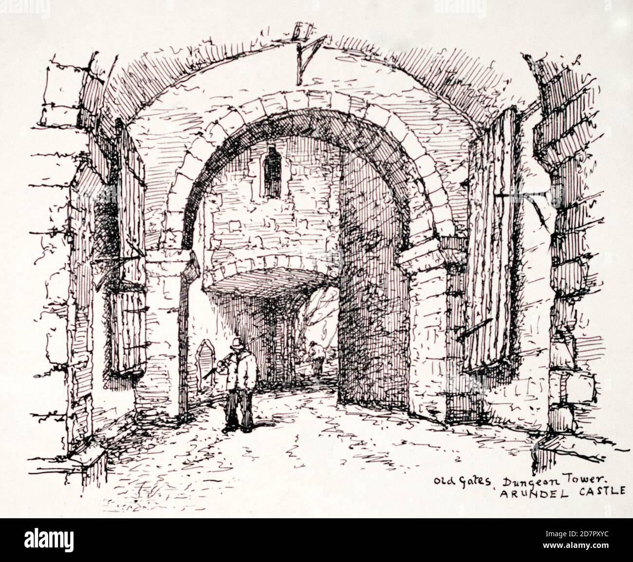 A historical sketch of the old gates of the Dungeon Tower, Arundel Castle,  Sussex, England, UK, by the renowned Victorian artist R. H. Nibbs taken  from his 1874 collection of works -