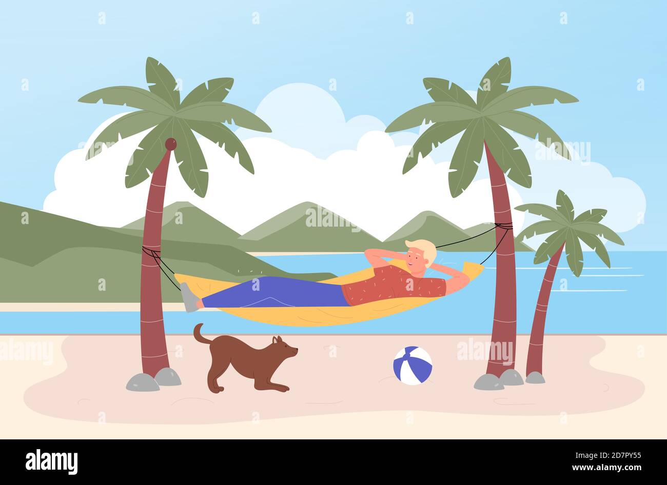 Relax in hammock vector illustration. Cartoon happy tourist man character relaxing on tropical island, lying in beach hammock between palm trees, beachside summer vacation rest, tourism background Stock Vector Image & Art - Relax in hammock vector illustration. Cartoon happy tourist man character relaxing on tropical island, lying in beach hammock between palm trees, beachside summer vacation rest, tourism background Stock Vector Image & Art -