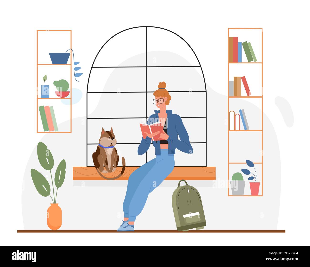 Student reading book vector illustration. Cartoon young booklover woman sitting among bookshelves, clever girl scholars reader character with glasses studying, education activity isolated on white Stock Vector