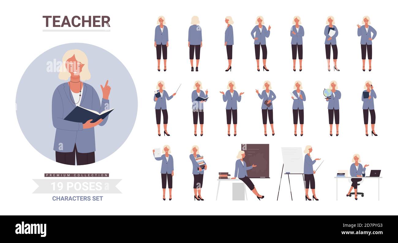 Teacher woman poses vector illustration set. Cartoon smiling female school teacher character posing in work with pupils or students, teaching postures at lecture lesson collection isolated on white Stock Vector