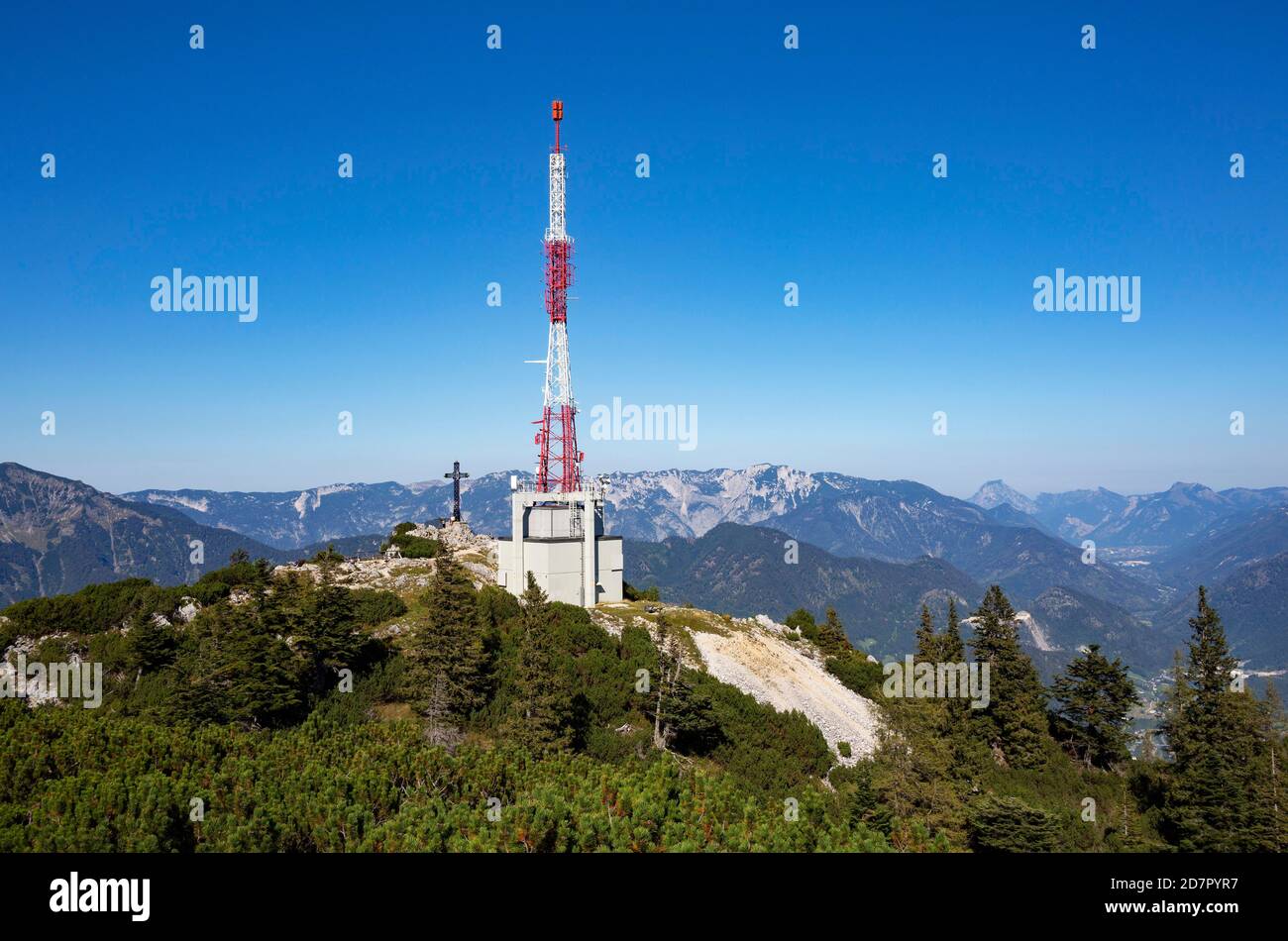 Radio station with Franz Josef Kreuz on the mountain summit, Berg Katrin, Bad Ischl, Salzkammergut, Upper Austria, Austria Stock Photo
