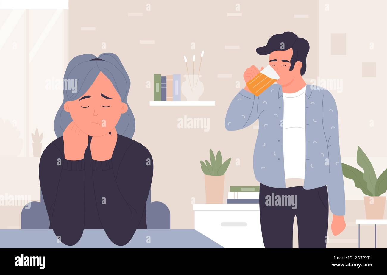 Man in beer addiction vector illustration. Cartoon addict male character drinking beer alcohol, standing at home room interior, sad woman wife stressed by husband domestic alcoholism background Stock Vector