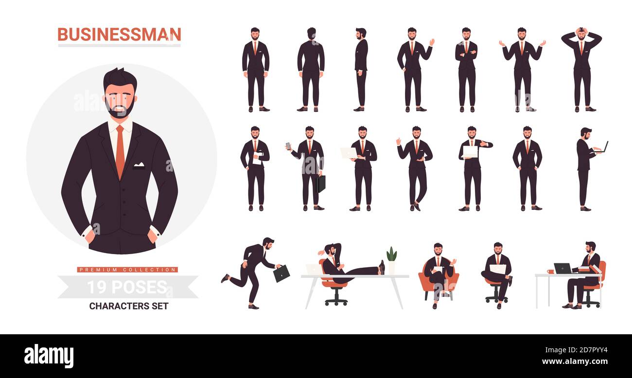 Businessman poses vector illustration set. Cartoon bearded business office worker character in black formal suit standing or running, executive young man employee in work or rest isolated on white Stock Vector