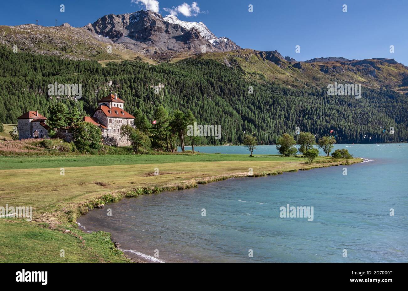 Castle Crap da Sass am Seeufer, Silvaplana, Inn Valley, Bernina Alps, Upper Engadine, Engadine, Grisons, Switzerland Stock Photo