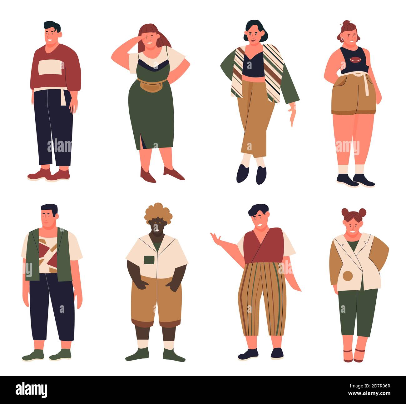 Plus size people vector illustration set. Cartoon flat collection with curvy fat young man woman in casual summer clothes, happy body positive overweight fat male female characters isolated on white Stock Vector