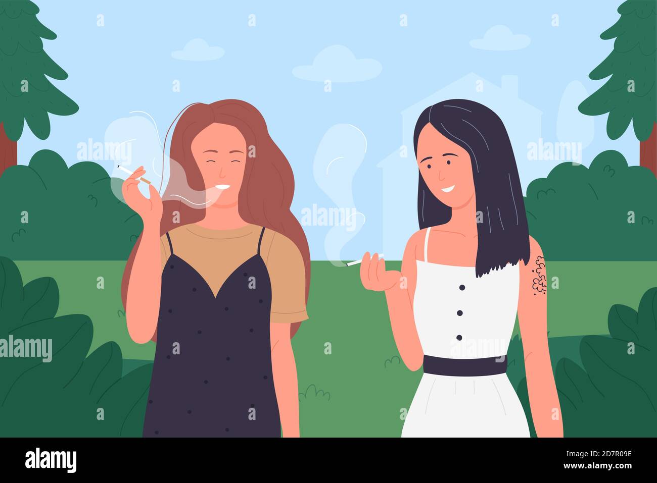 Girls smoke vector illustration. Cartoon young smoker woman friends group holding cigarettes, pretty funny female characters smoking tobacco or marijuana at summer green nature landscape background Stock Vector