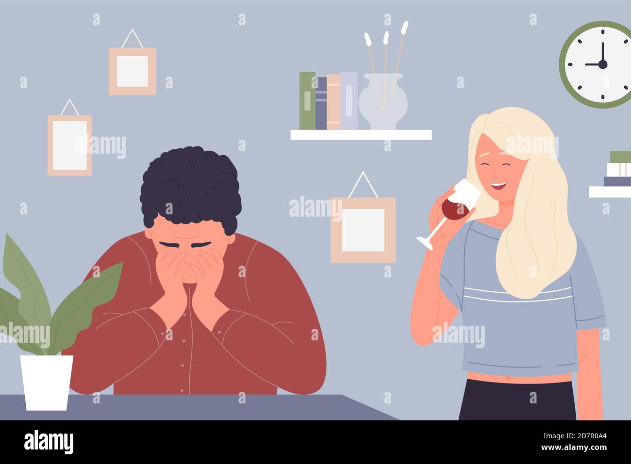 Woman in wine alcoholism vector illustration. Cartoon unhappy man sitting at home desk, thinking about trouble of couple stress relationship, female character holding redwine alcohol glass background Stock Vector