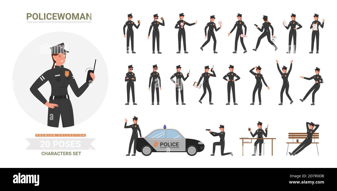 Police officer woman poses vector illustration set. Cartoon policewoman in black uniform works in office or street public security, female cop holding ticket, handcuffs or stop sign isolated on white Stock Vector