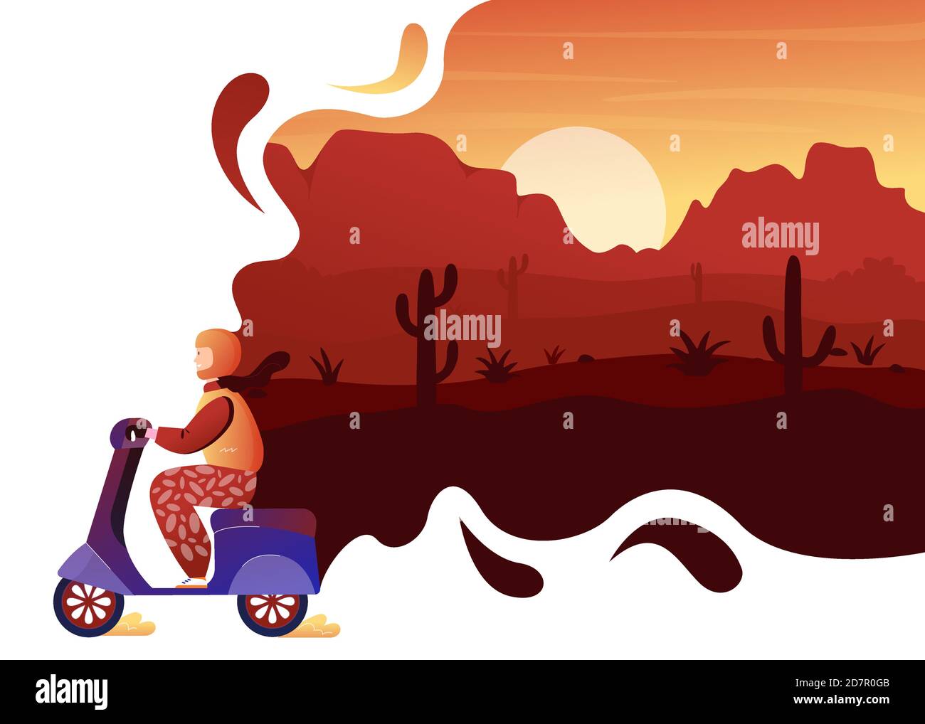 Desert wild nature adventure travel concept vector illustration. Cartoon traveller man drives scooter for discovery deserted rocky lands with cactuses at sunset, wilderness dry landscape background Stock Vector