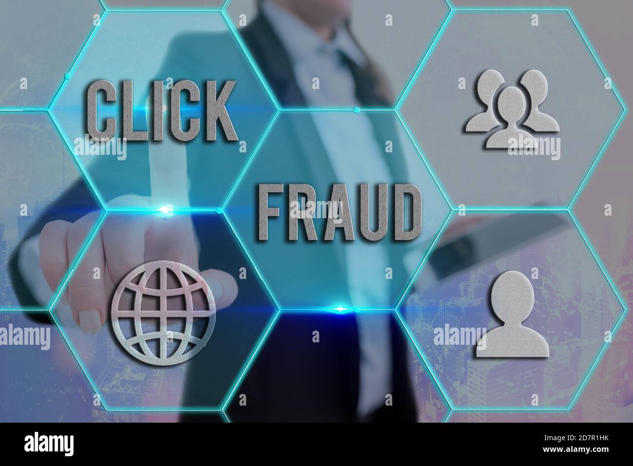 Text sign showing Click Fraud. Business photo showcasing practice of repeatedly clicking on advertisement hosted website Grids and different set up of Stock Photo