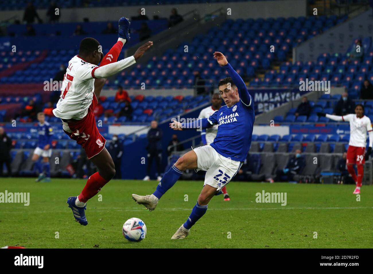 Harry Wilson of Cardiff city (r) has a great chance to score very late in the game but totally miss kicks the ball as Marc Bola of Middlesbrough (l) clears. EFL Skybet championship match, Cardiff city v Middlesbrough at the Cardiff City Stadium in Cardiff, Wales on Saturday 24th October 2020. this image may only be used for Editorial purposes. Editorial use only, license required for commercial use. No use in betting, games or a single club/league/player publications. pic by Andrew Orchard/Andrew Orchard sports photography/Alamy Live news Stock Photo