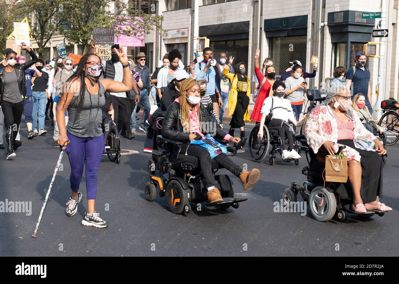 New York, New York, USA. 24th Oct, 2020. Demonstrators are show during a Black Disabled Lives Matter march in New York, New York. The demonstrators Marched down Harlem streets to Marcus Garvey park and gave speeches on the life of disabled persons. Credit: Brian Branch Price/ZUMA Wire/Alamy Live News Stock Photo