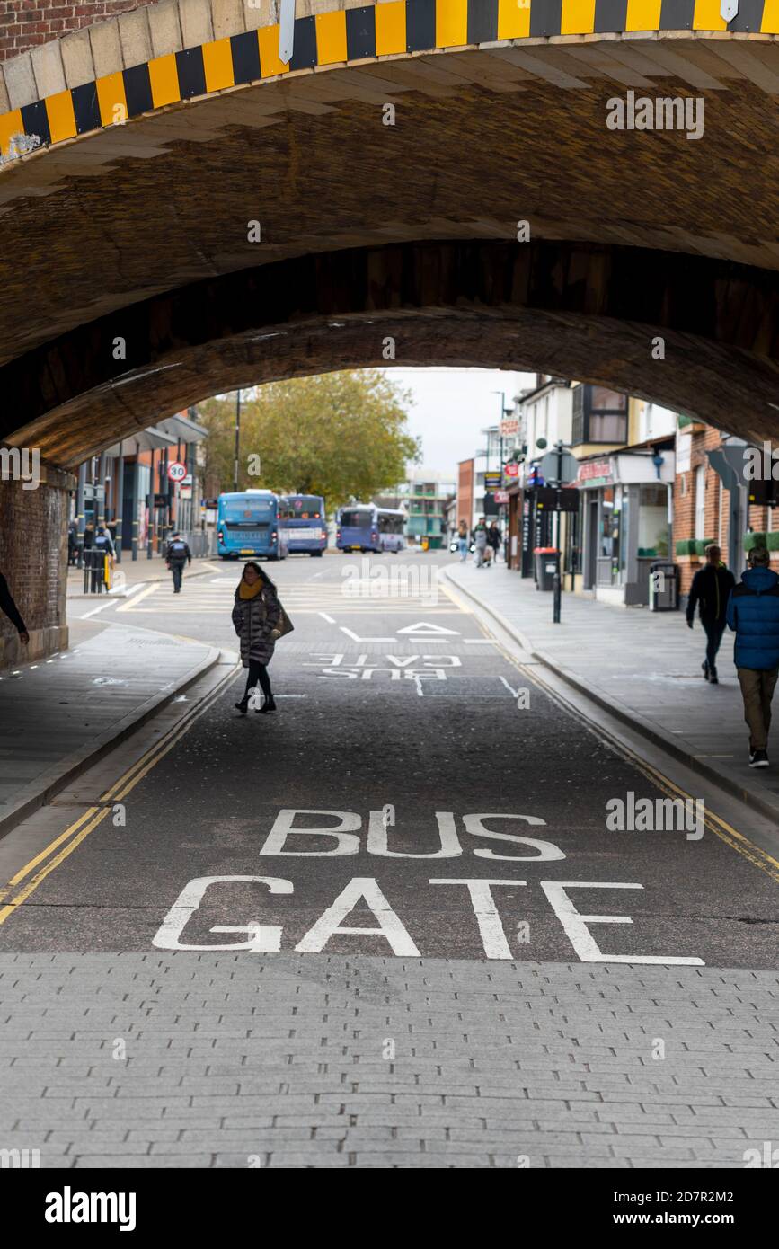 bus gate in duke street chelmsford essex uk new road layout which is catching out many road car drivers as now only for use by buses and taxi cab stock photo