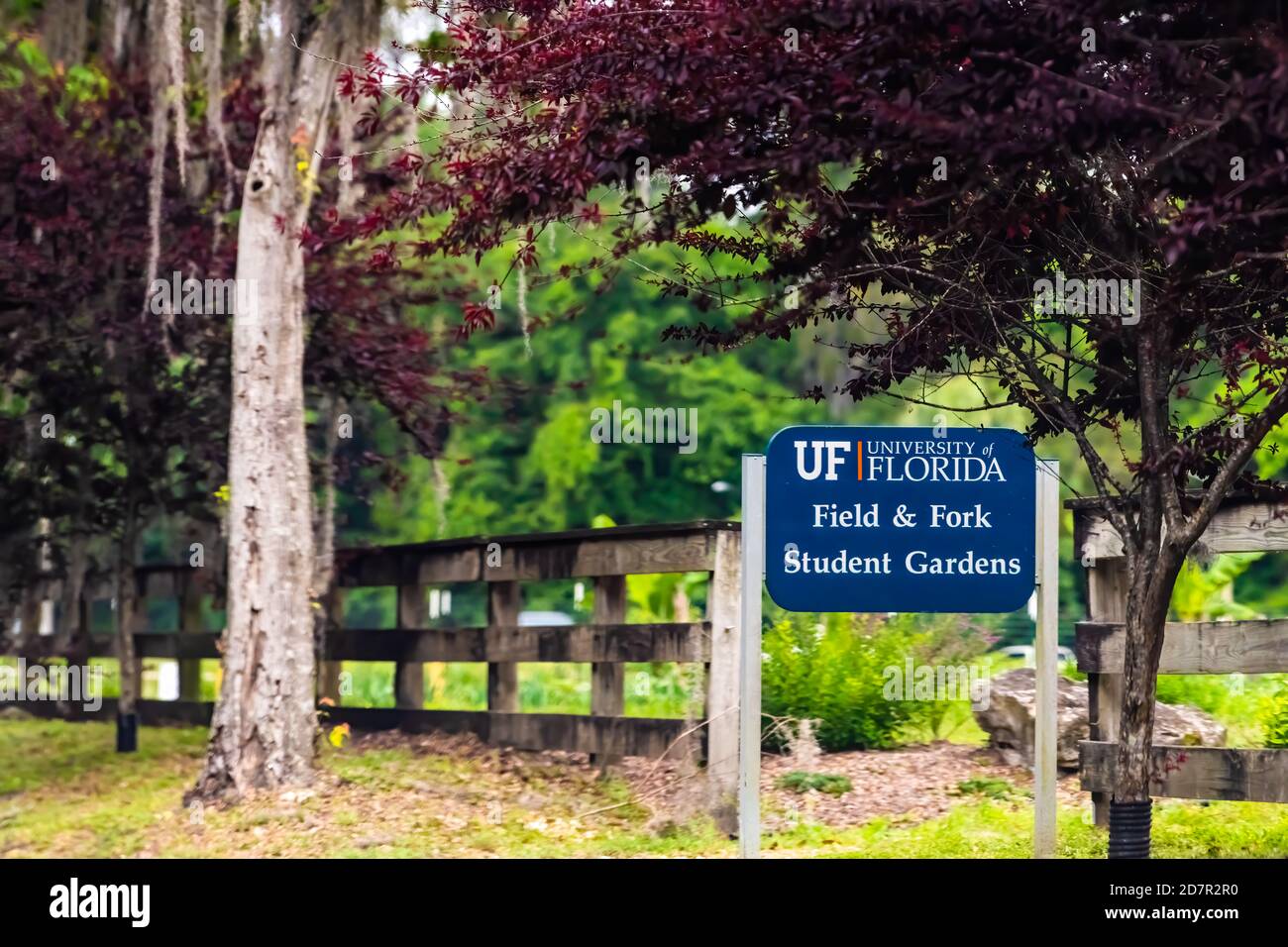 Gainesville, USA - April 27, 2018: Sign for entrance to field and fork student gardens in UF University of Florida in central state Stock Photo