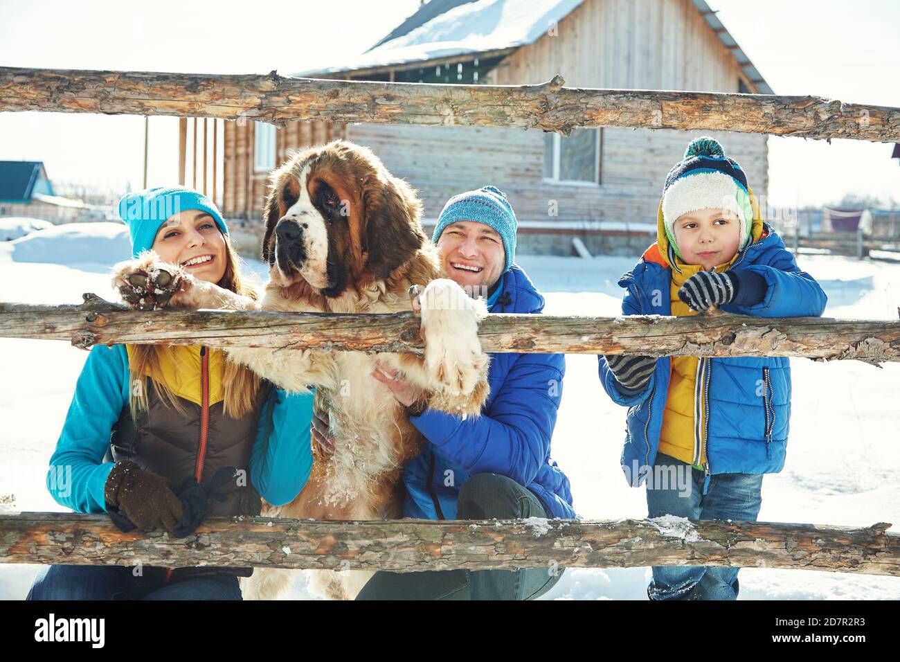 happy playing family with St. Bernard dog in the winter. people outdoors Stock Photo