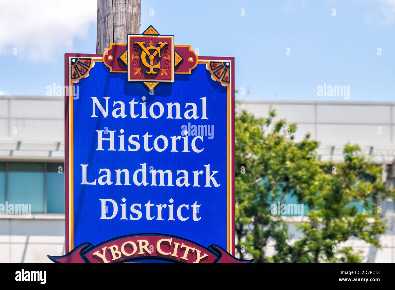 Tampa, USA April 27, 2018 Downtown city in Florida with closeup of colorful blue sign for
