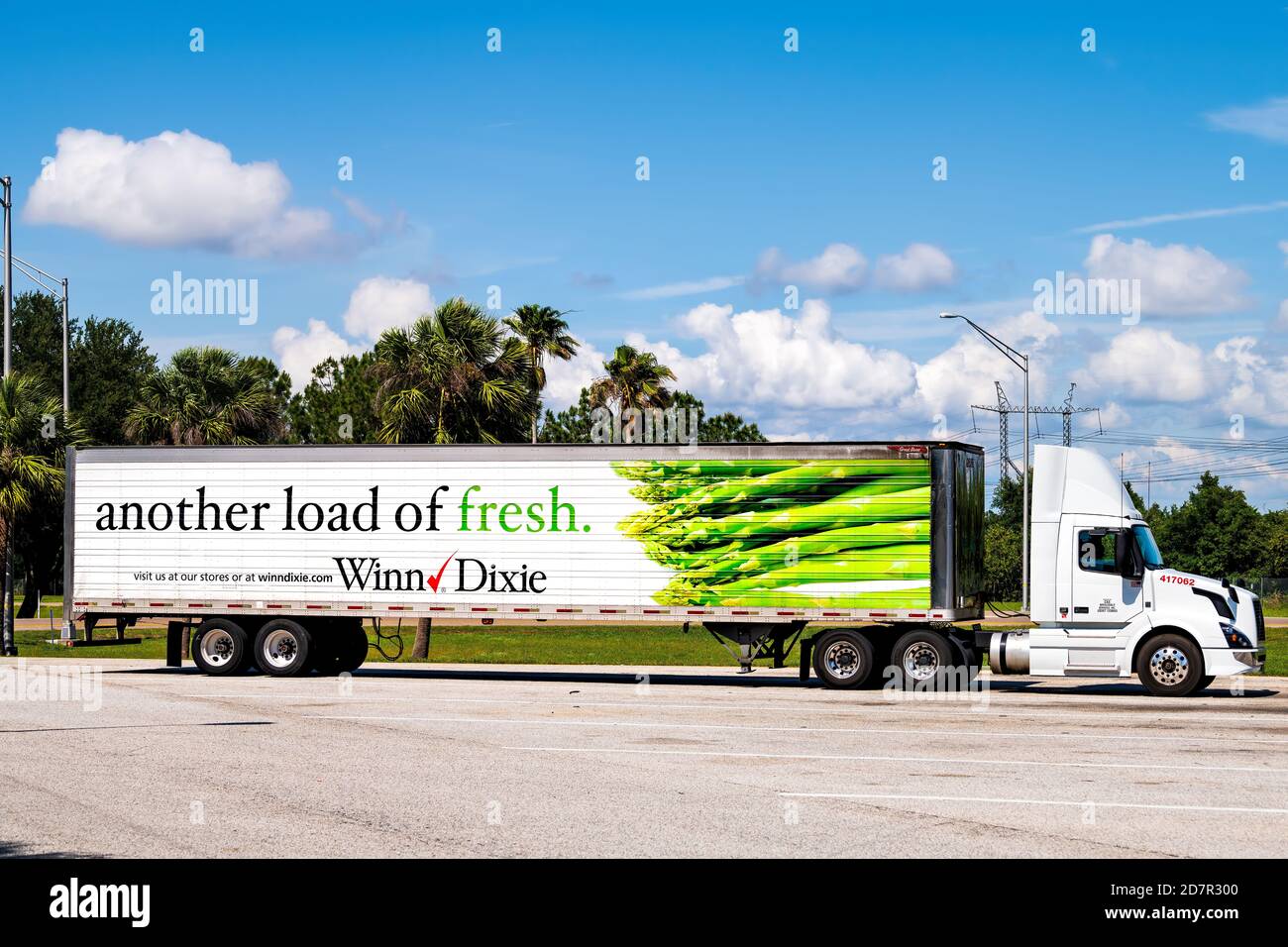 Ruskin, USA - April 27, 2018: Florida highway interstate 75 road in east Tampa with rest stop area and truck delivery vehicle for Winn Dixie with slog Stock Photo