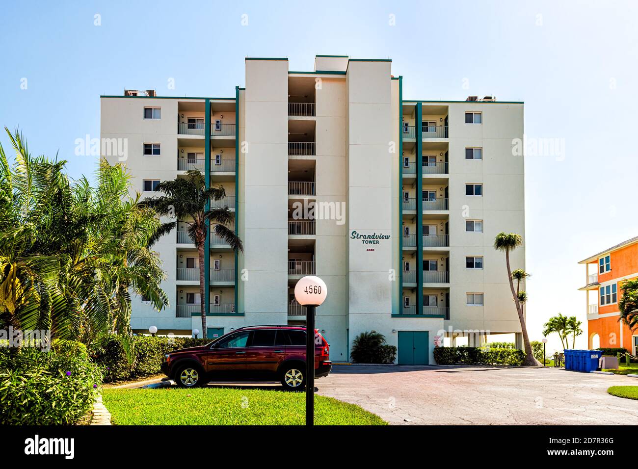 Fort Myers Beach, USA - April 29, 2018: Florida gulf coast with hotel condo apartment building sign called Strandview tower waterfront architecture an Stock Photo