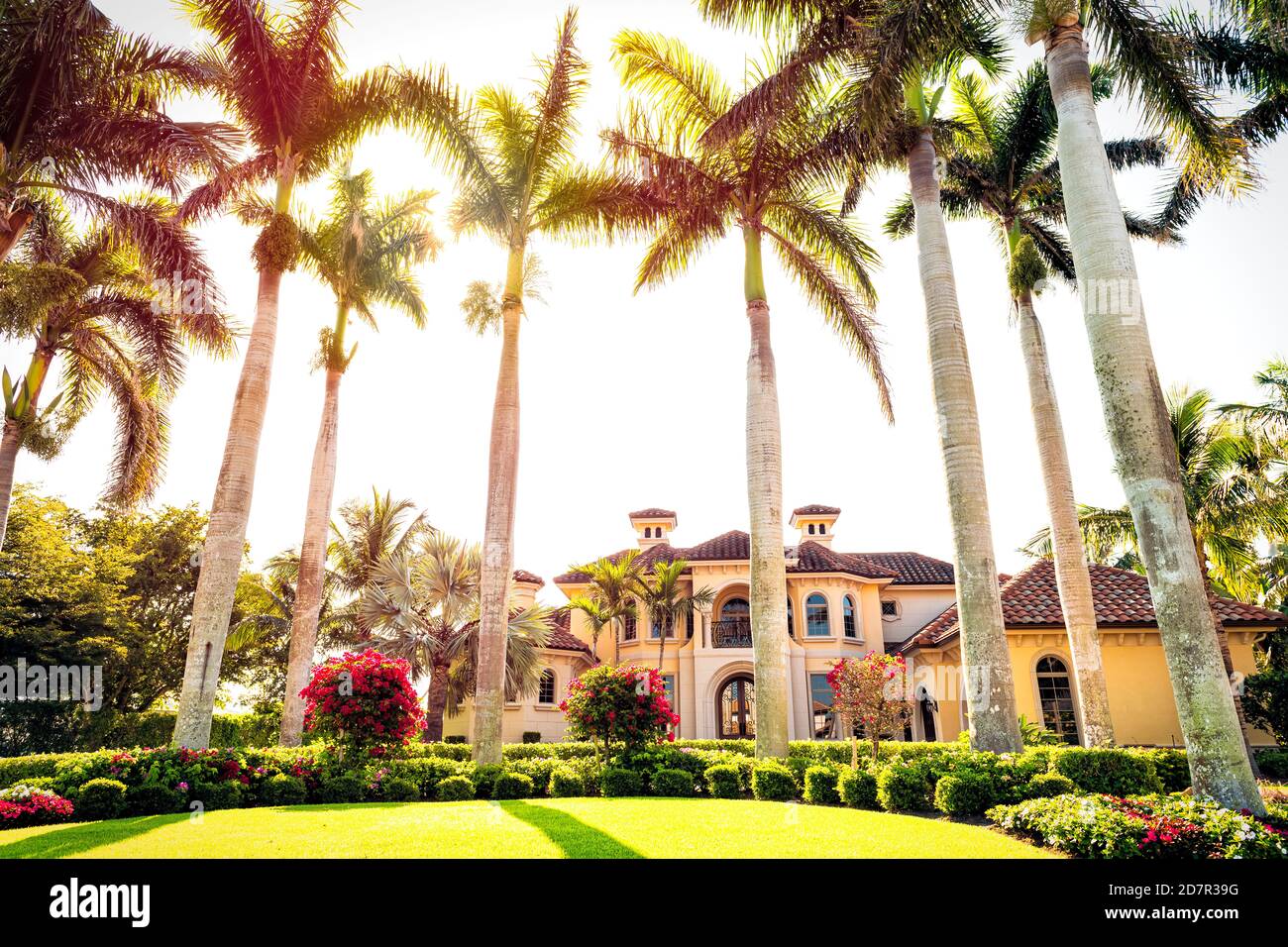 Naples, USA - April 30, 2018: Florida gulf of mexico coast with luxury mansion villa house and row of palm trees real estate on Nelson's walk road str Stock Photo