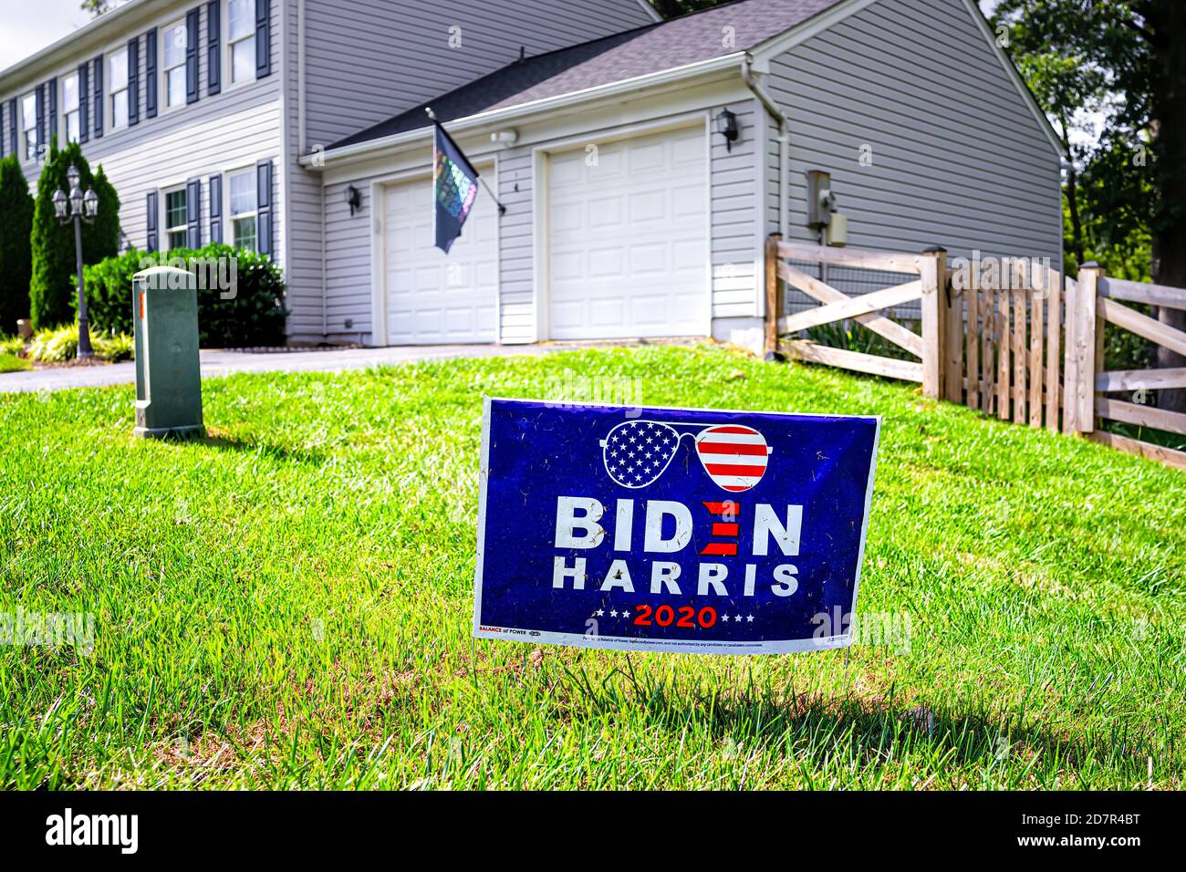 Sterling, USA - September 15, 2020: Closeup of presidential election political yard lawn sign poster for Joe Biden Harris 2020 in northern Virginia su Stock Photo