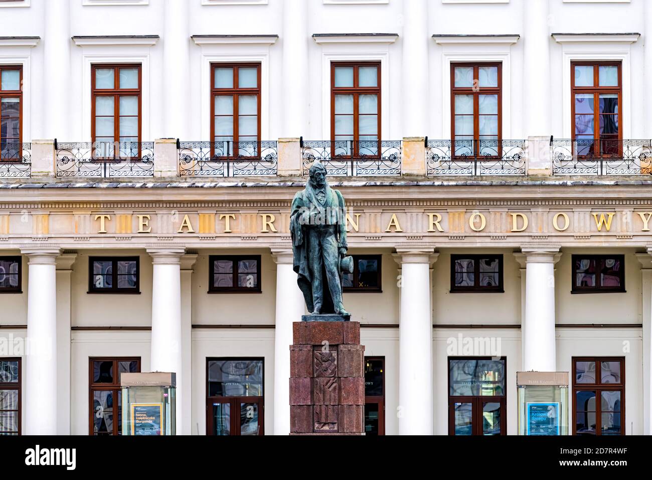 Warsaw, Poland - December 25, 2019: Grand National Opera or Teatr Narodowy in Warszawa downtown with statue sculpture of Wojciech Boguslawski Stock Photo