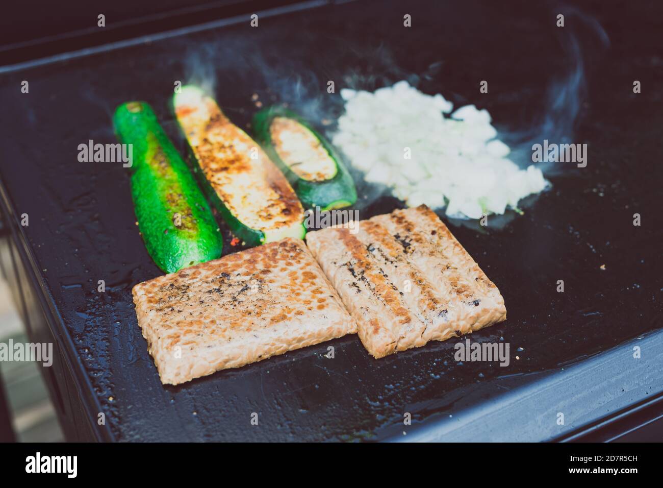 healthy plantbased food recipes concept, vegan tempeh zucchini and