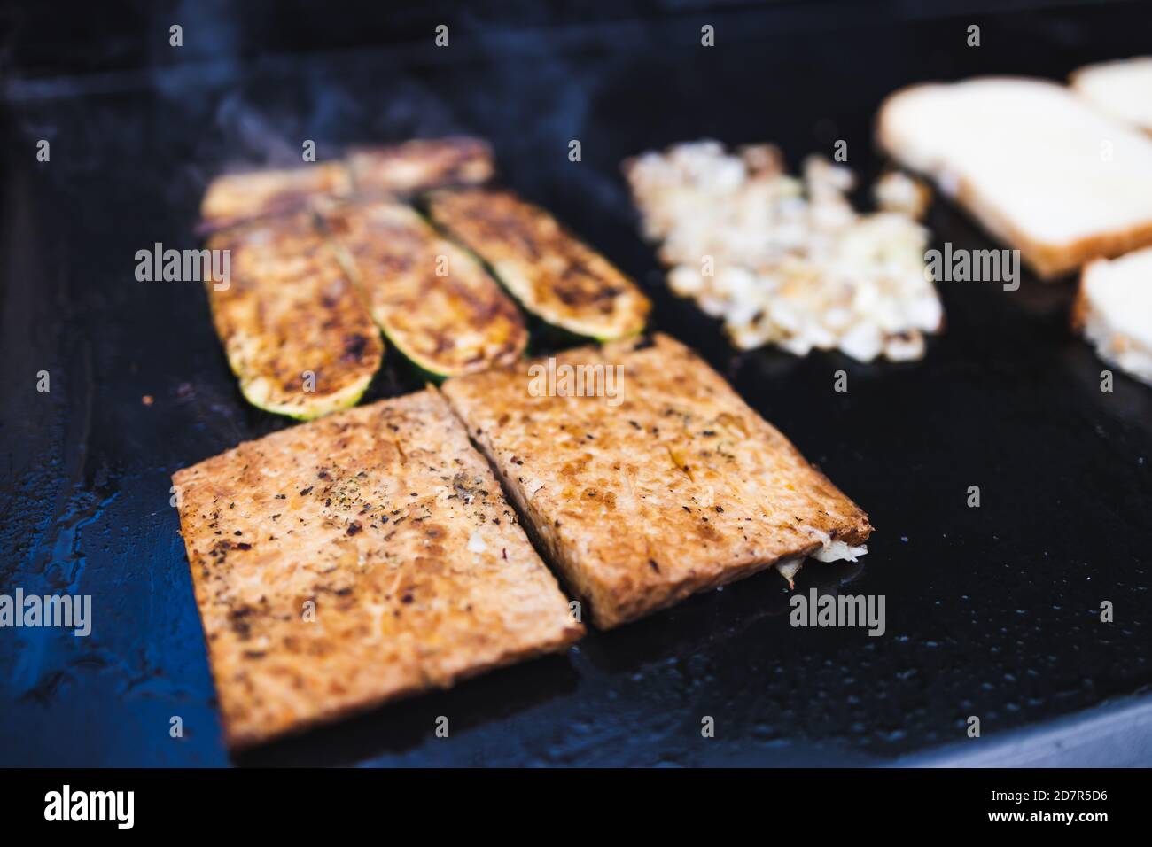 healthy plantbased food recipes concept, vegan tempeh zucchini and