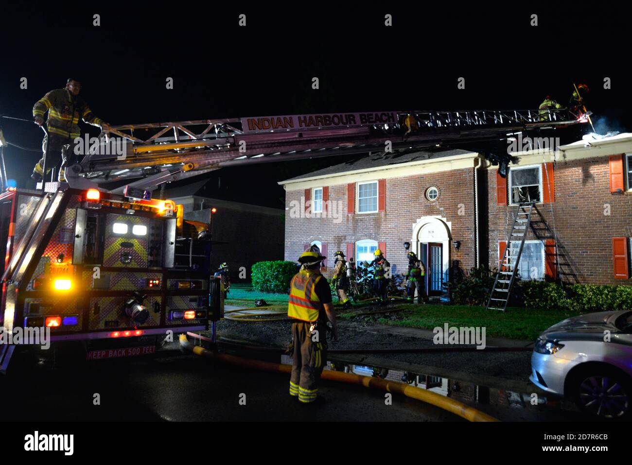 Indian Harbour Beach, Brevard County, Florida. USA. October 23, 2020. A late-night fire gutted two units at an apartment/condominium complex and made several others uninhabitable due to smoke and water damage. Indian Harbour Beach Police closed off surrounding streets for safety reasons. All occupants safely evacuated the complex and the State Fire Marshal is investigating. Photo Credit: Julian Leek/Alamy Live News Stock Photo