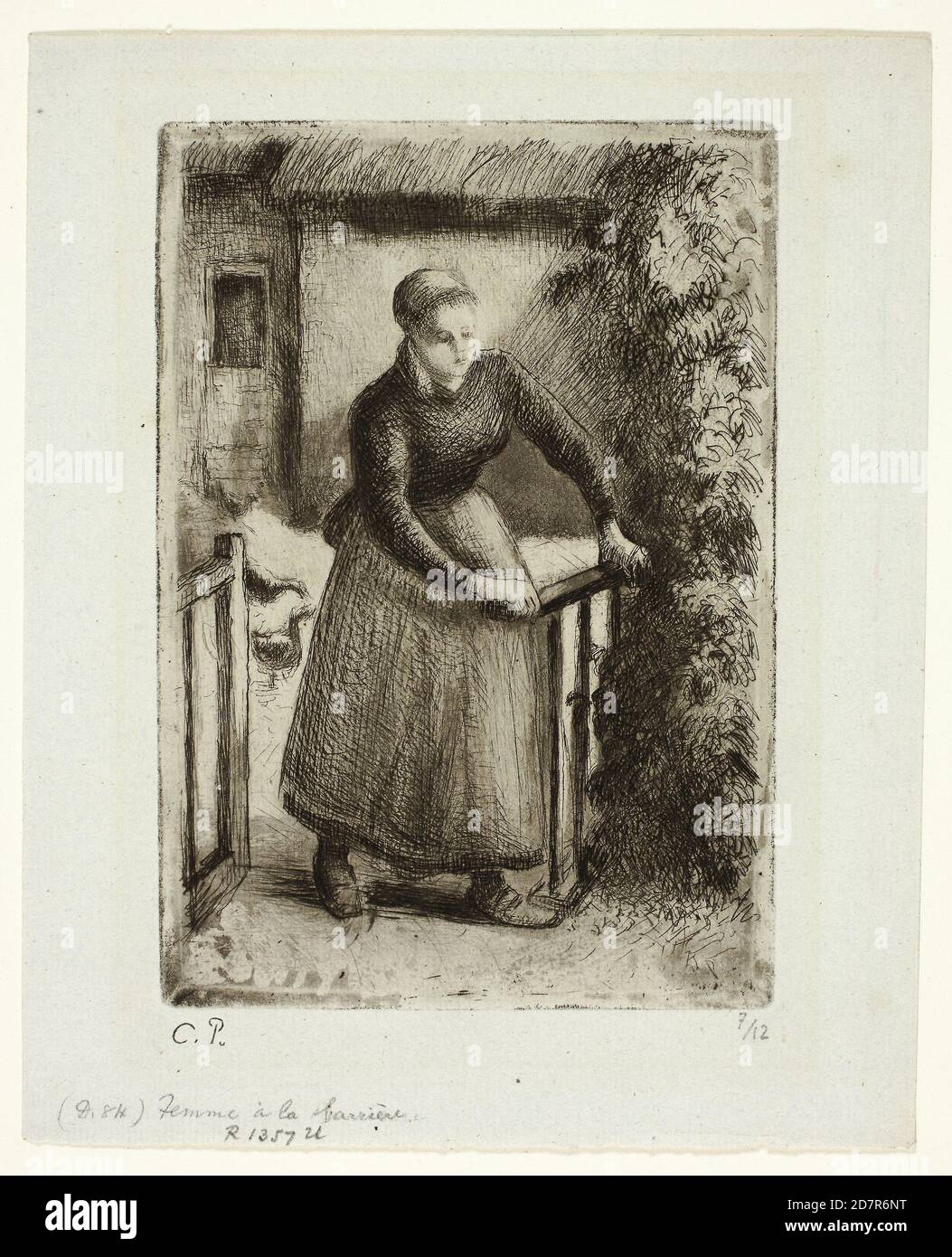 Woman at the Gate - 1889; Camille Pissarro; French; 1830-1903  (Etching; aquatint; and drypoint in black on green-blue laid paper) Stock Photo