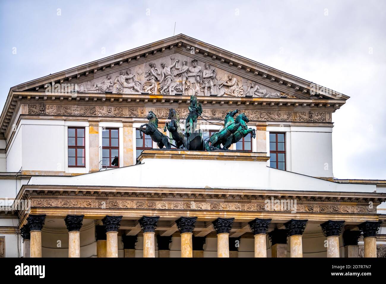 Warszawa Grand National Opera or Teatr Narodowy in Warsaw, Poland downtown with statue sculpture of Apollo on horse drawn chariot with relief pediment Stock Photo