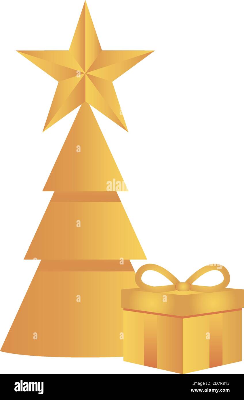 golden star and christmas tree with gift box over white background ...