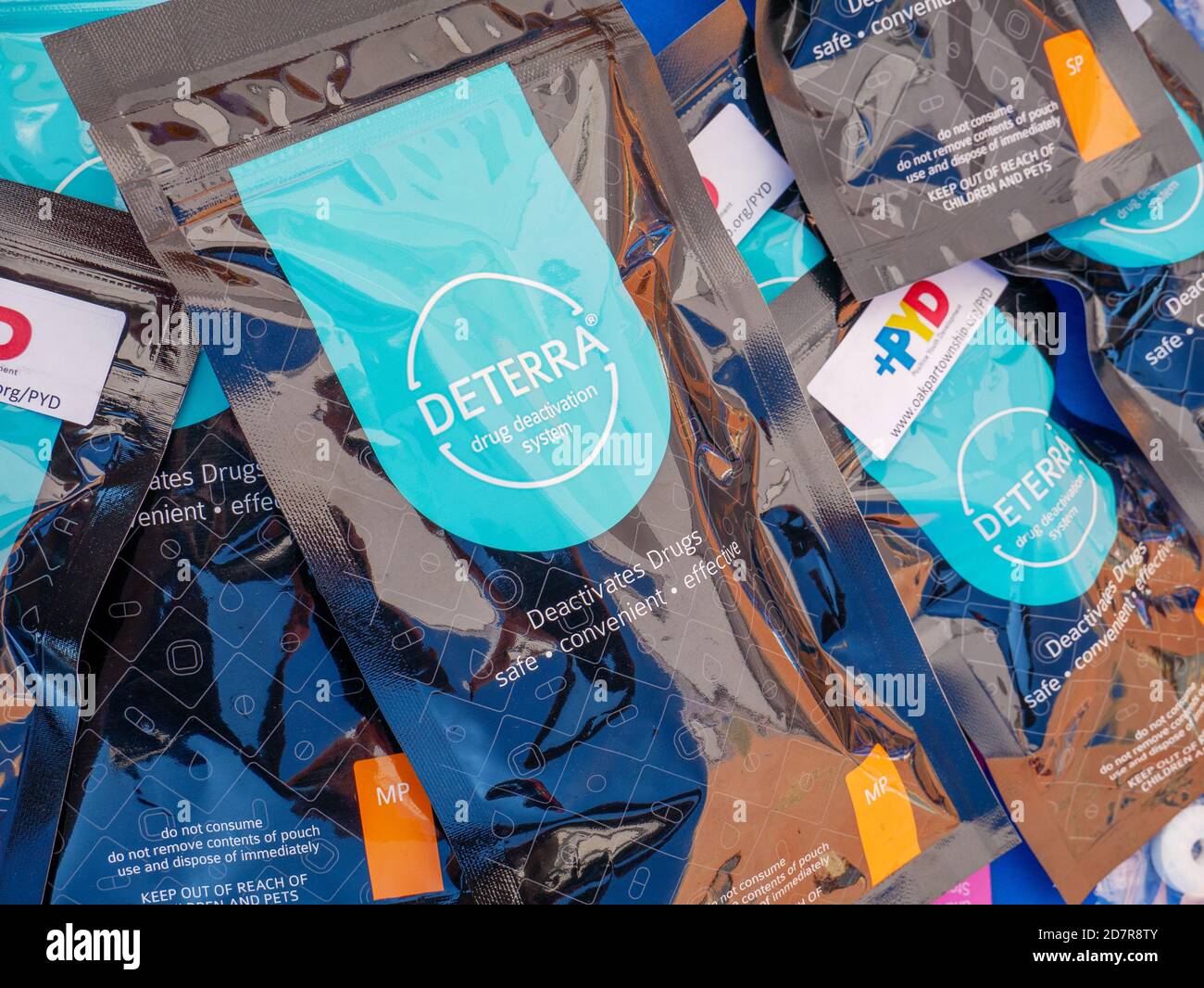 Drug deactivation packets for free distribution. National Prescription Take Back Day. Oak Park, Illinois. Stock Photo