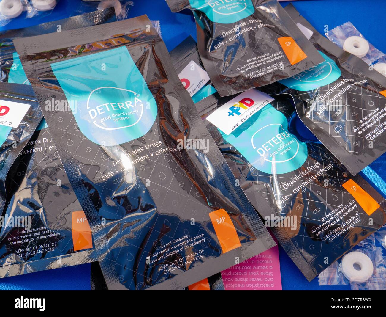 Drug deactivation packets for free distribution. National Prescription Take Back Day. Oak Park, Illinois. Stock Photo