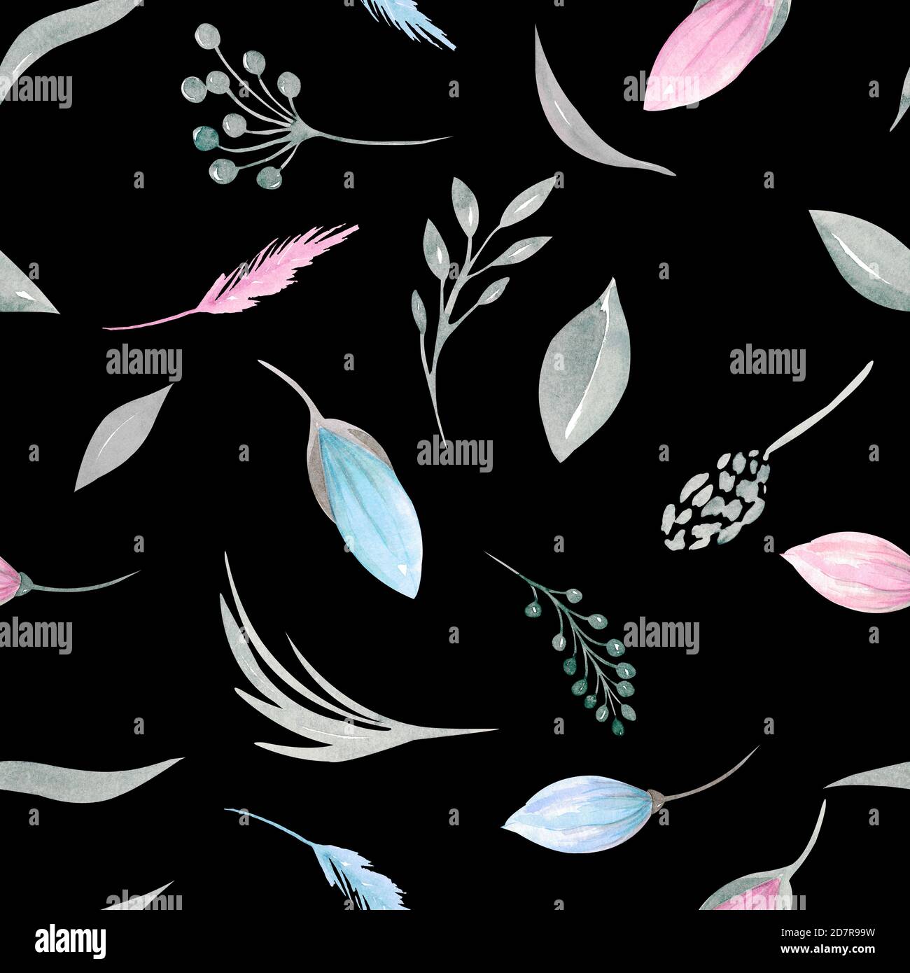 Seamless pattern of floral elements. Pink and blue tulips, spring greenery, foliage, branches on a black background Stock Photo