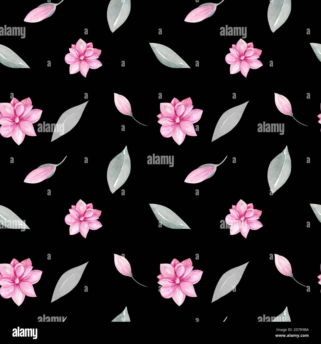 Seamless pattern of floral elements. Magnolia and pink tulips, spring greenery, foliage, branches on a black background Stock Photo