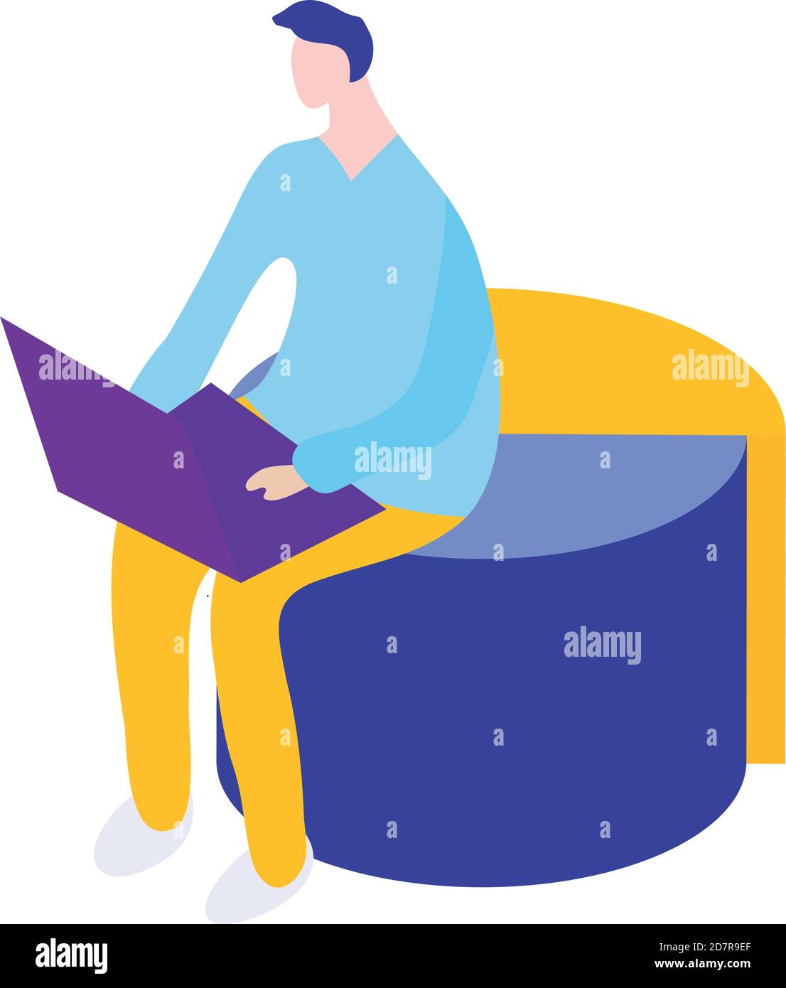 cartoon man using a laptop sitting on round chair over white background ...
