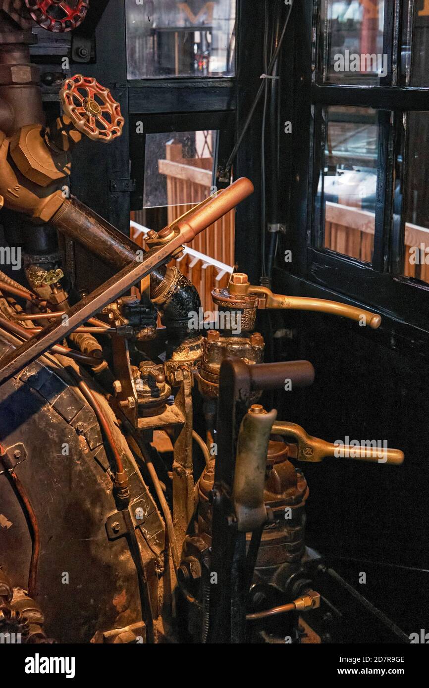 Steam locomotive control valves on display at the B&O Railroad Museum, Baltimore, Maryland, USA. Stock Photo