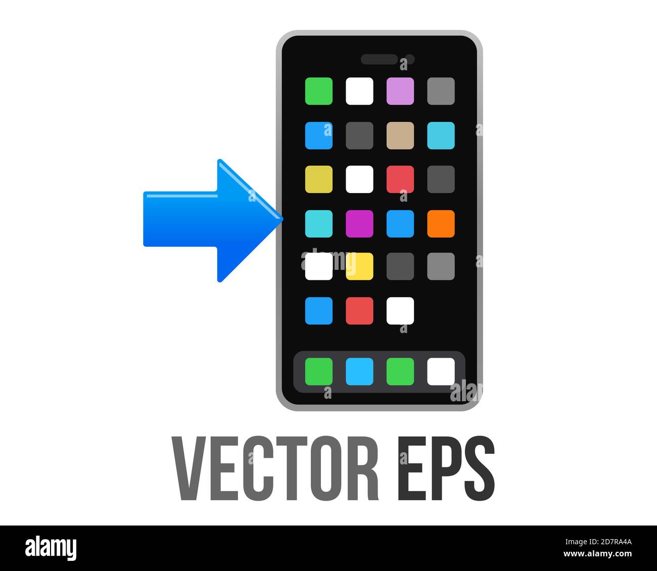 The isolated vector mobile phone icon with rightward arrow pointed at it from left, intended incoming call or message Stock Vector