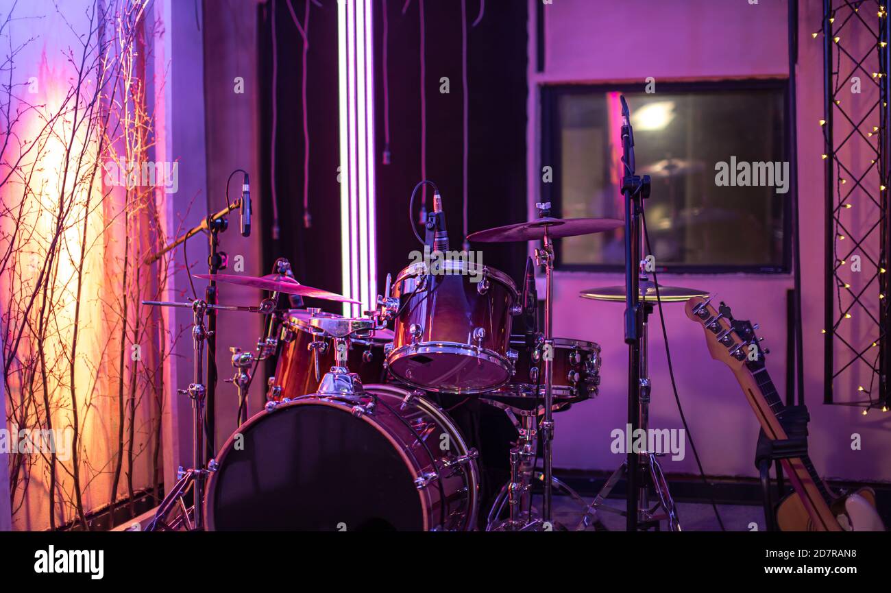 Bright recording Studio. A room for musicians ' rehearsals, with a drum ...