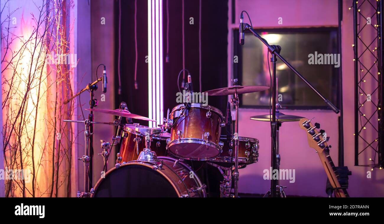 Bright recording Studio. A room for musicians ' rehearsals, with a drum ...