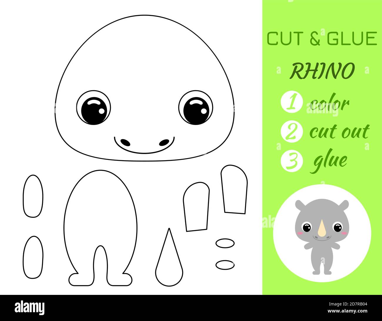 Coloring book cut and glue baby rhino. Educational paper game for preschool children. Cut and Paste Worksheet. Color, cut parts and glue on paper.Cart Stock Vector