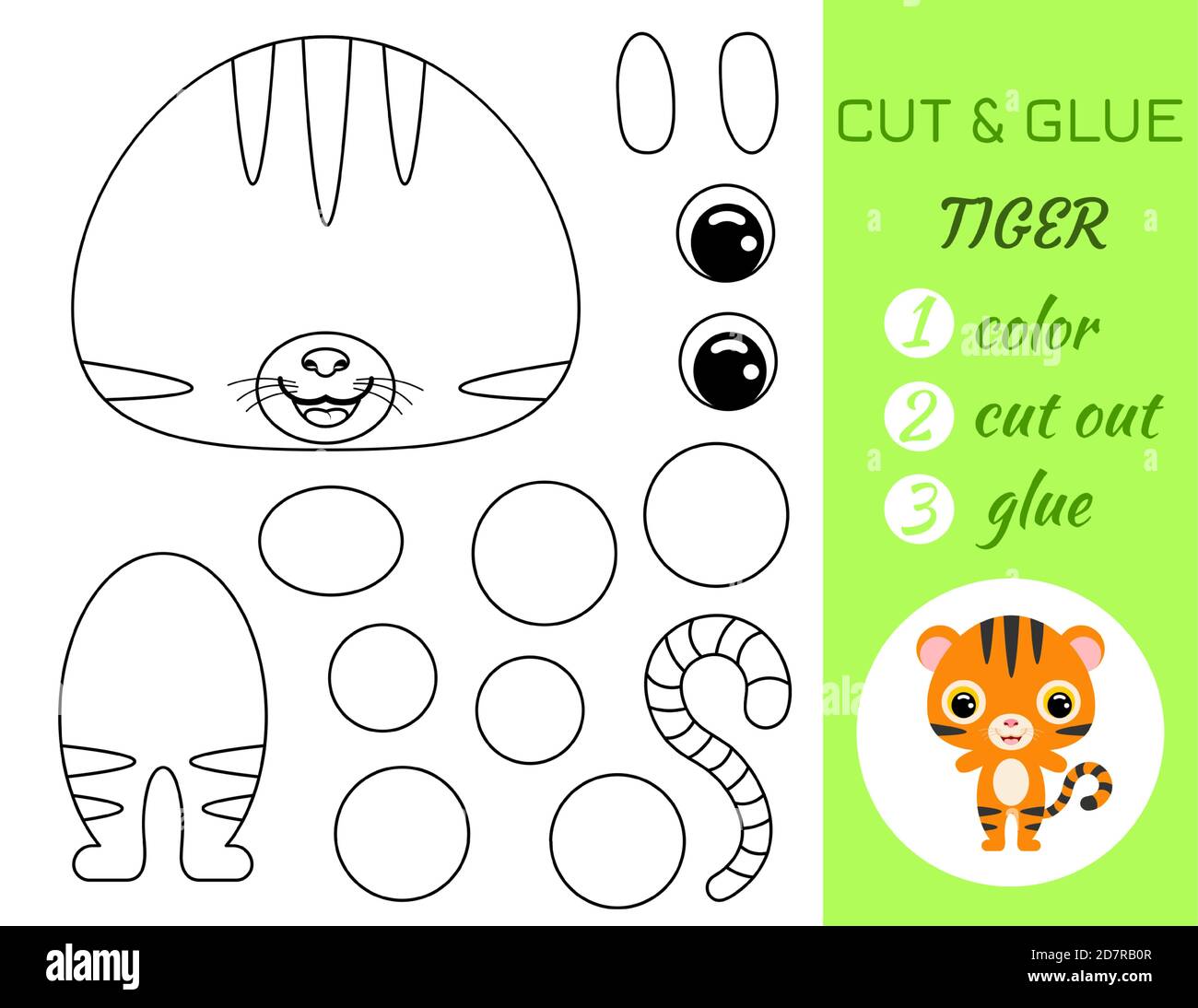 Coloring book cut and glue baby tiger. Educational paper game for