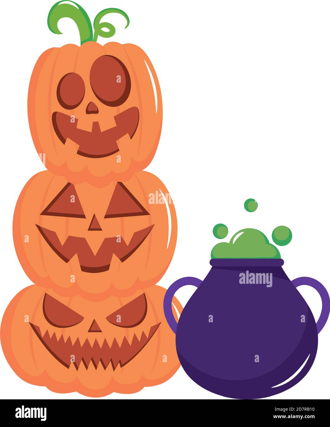 Cauldron Stack witch cauldron and stack of halloween pumpkins over white background ...