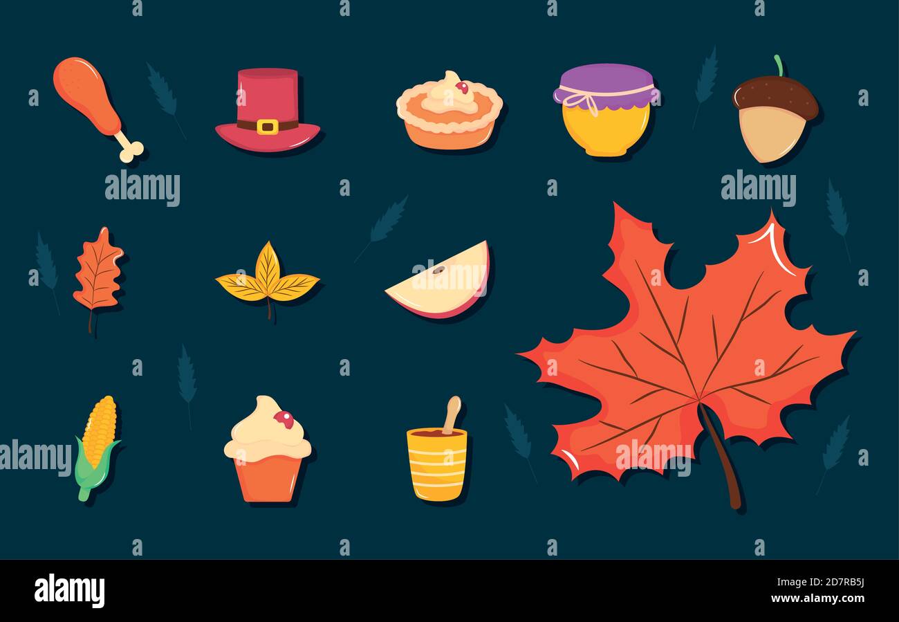 thanksgiving icon set over blue background, flat style, vector ...