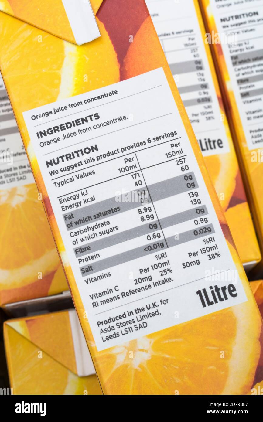 ASDA orange juice nutrition labelling showing sugar / carbohydrate
