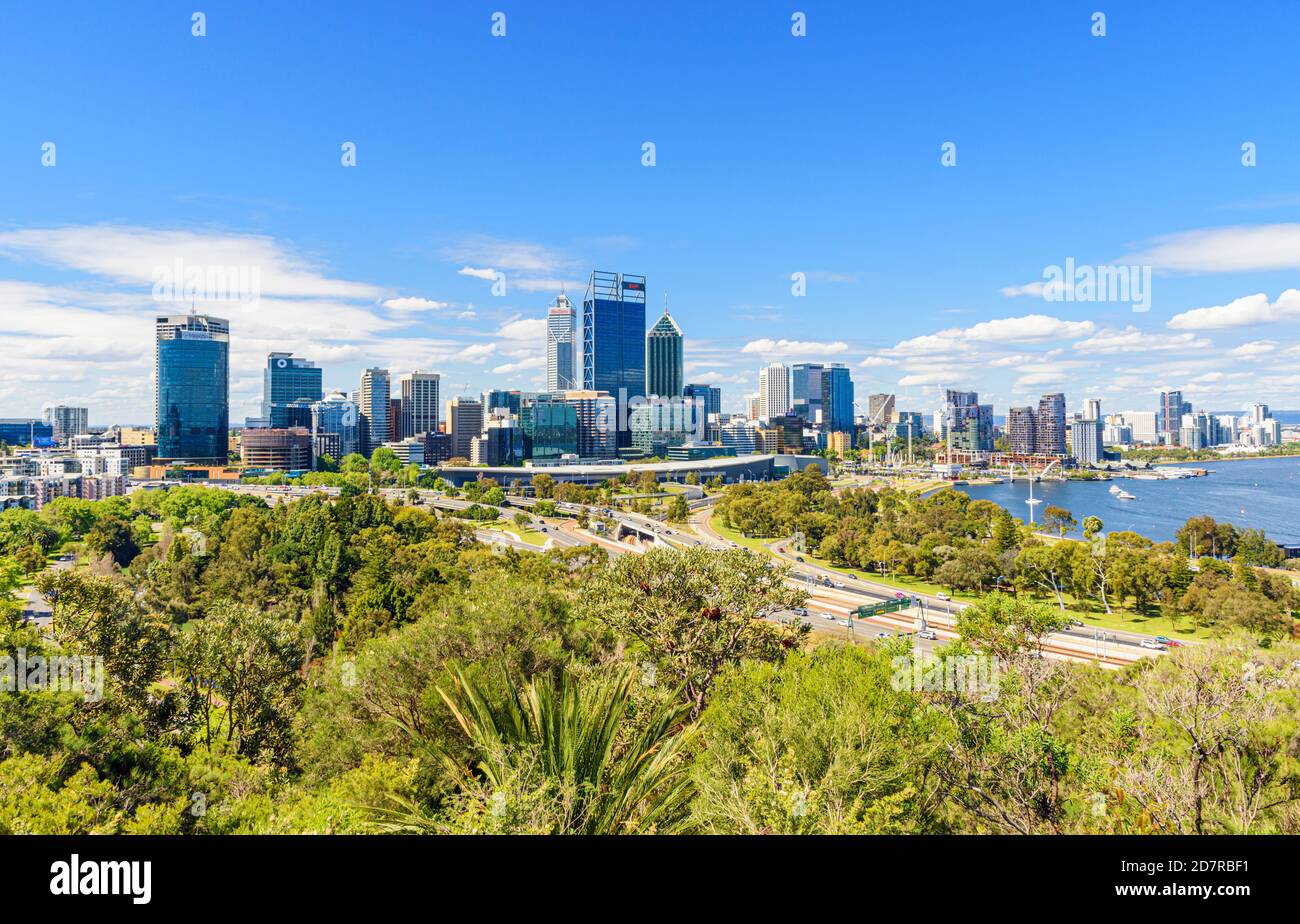 View of the City of Perth over the native bush of Kings Park, Western Australia, Australia Stock Photo