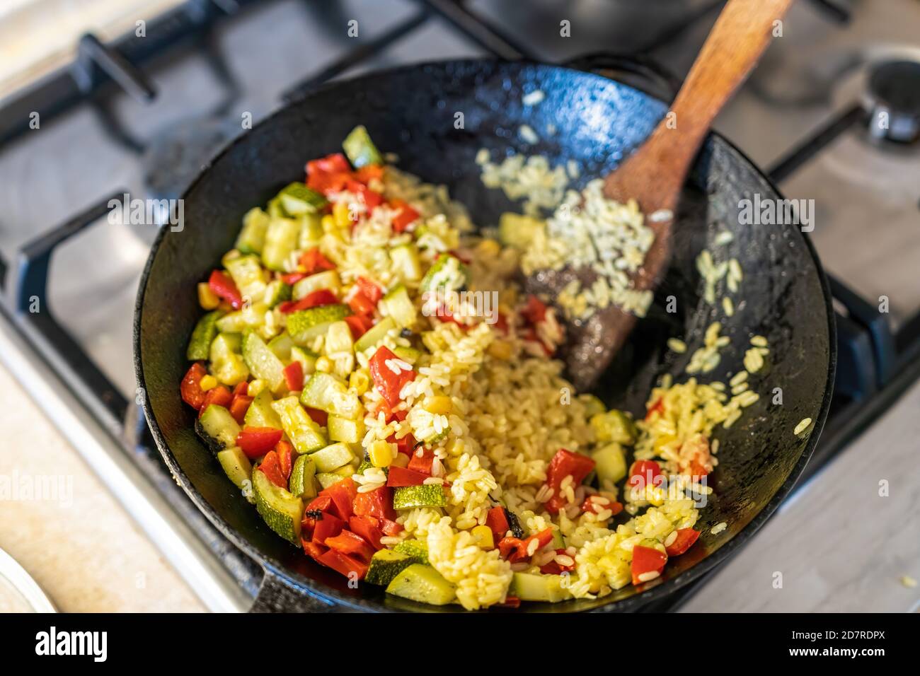 A Big Pilaf Pan Bowl With Mix Of Vegetables Cooking On The Kitchen Rice With Red Beans And Vegetables In A Frying Pan Stock Photo Alamy