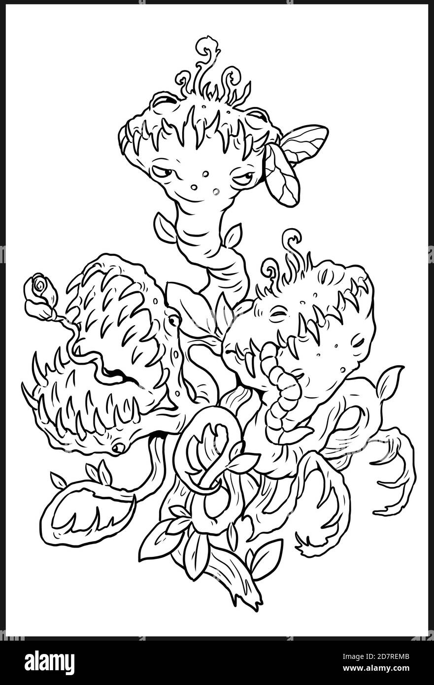 Funny carnivorous plant drawing. Halloween illustration. Coloring template. Stock Photo
