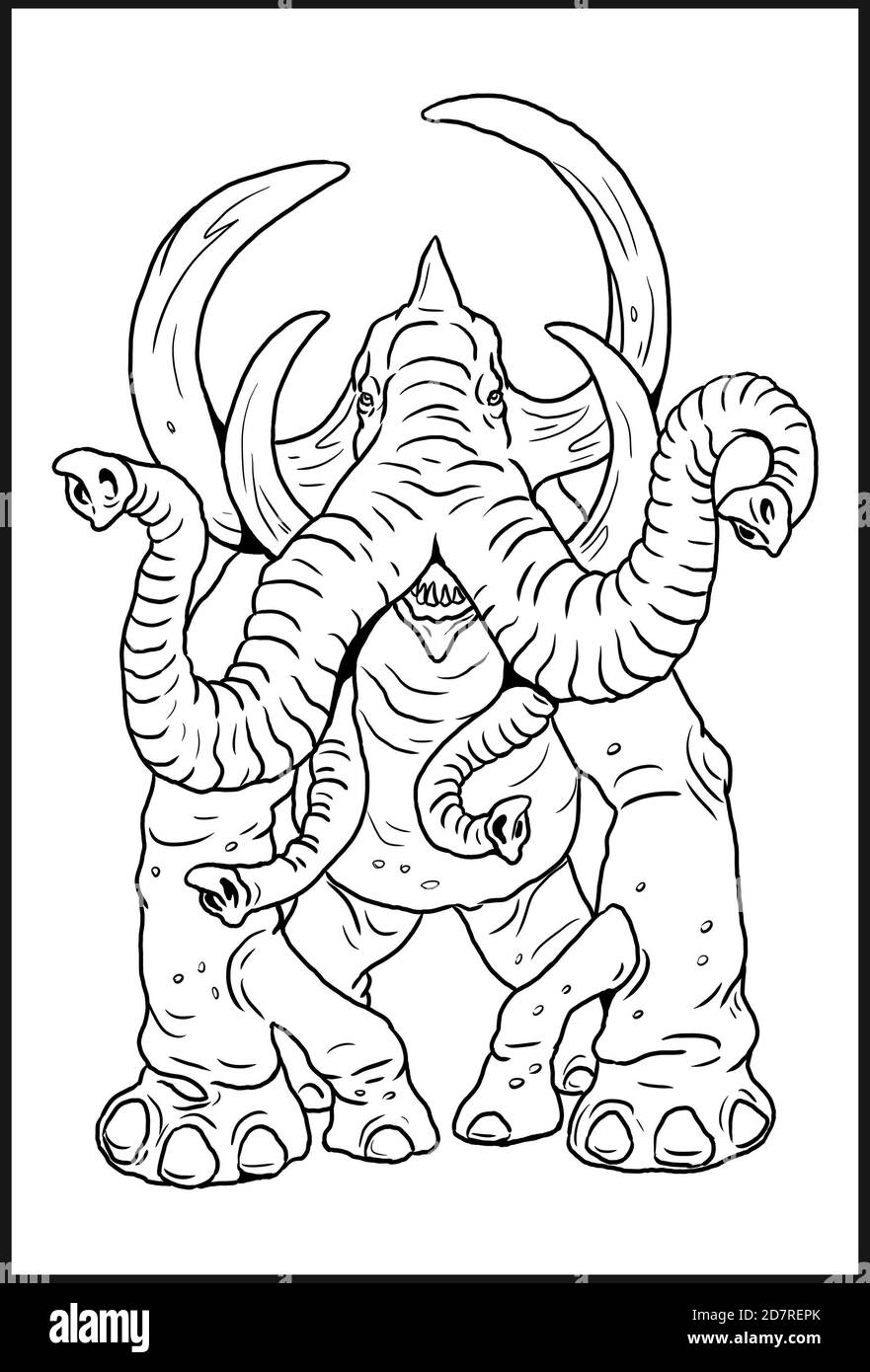 Fantasy elephant with big tusks drawing. Monster mutant coloring template. Stock Photo